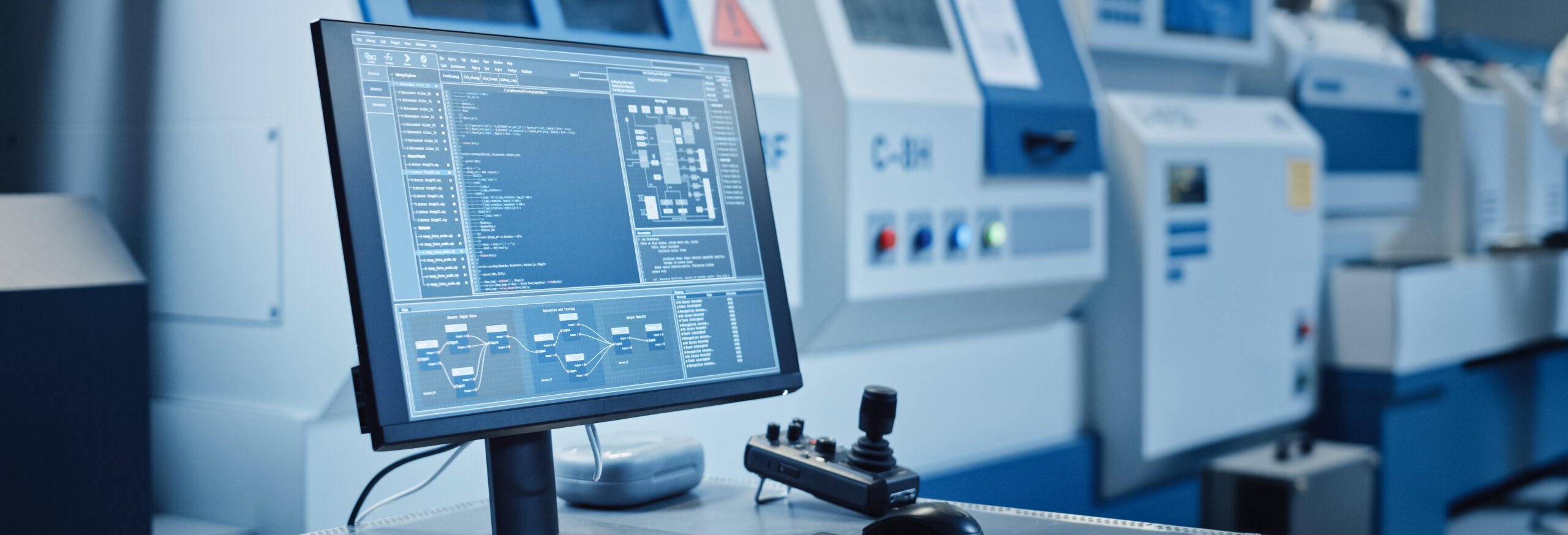 Factory Cleanroom: On the Desk Personal Computer Showing Infrastructure System Control on its Display. In Background CNC Machinery, Professionals Use Robot Arm on Production Line.